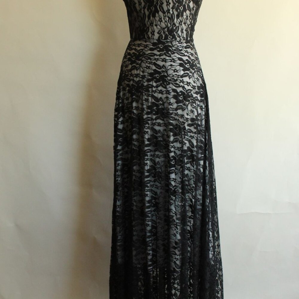 Black Lace Maxi Dress, Hi Lo Sleeveless Gown, Size Large - Picture 7 of 11